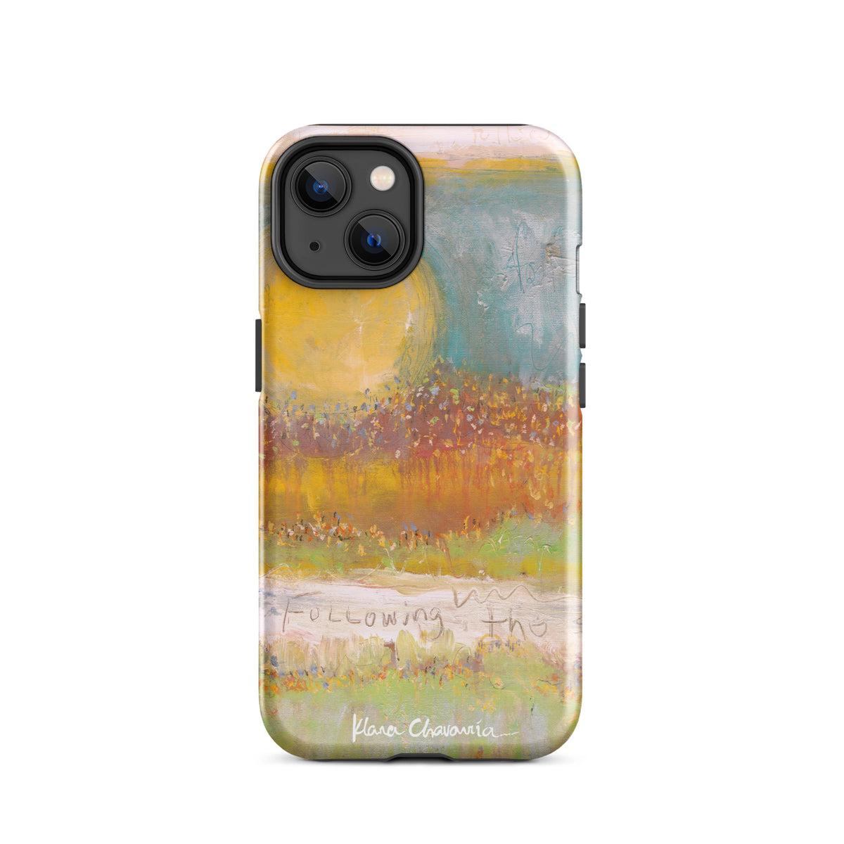 Glossy iPhone 14 tough case with a painting of a yellow sun over orange fields and Following text