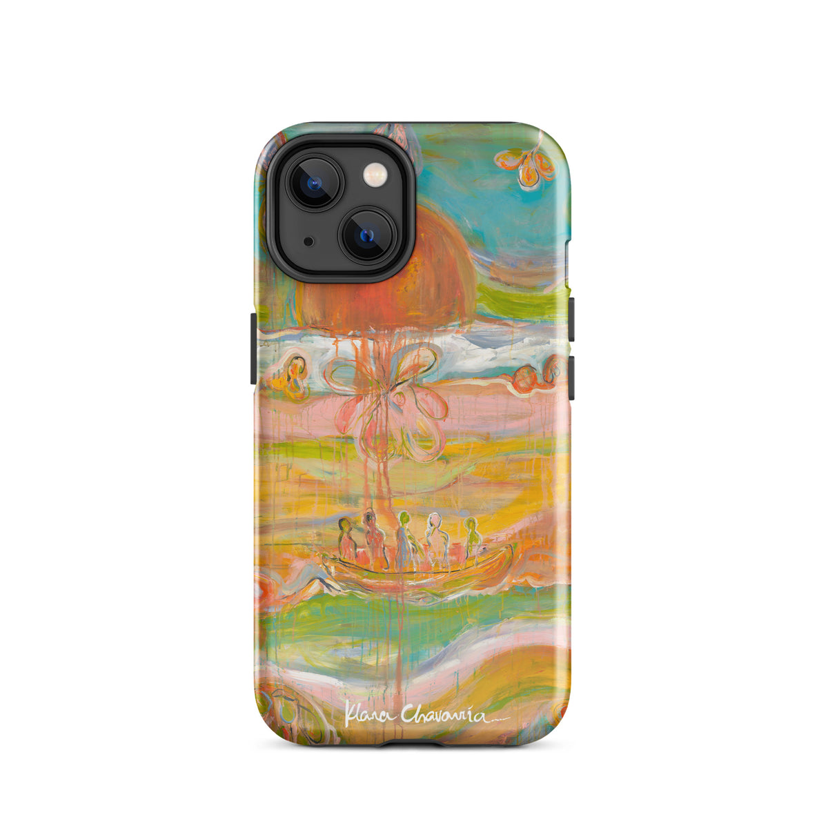 Glossy iPhone 14 tough case with a painting of figures in a boat under an orange sun