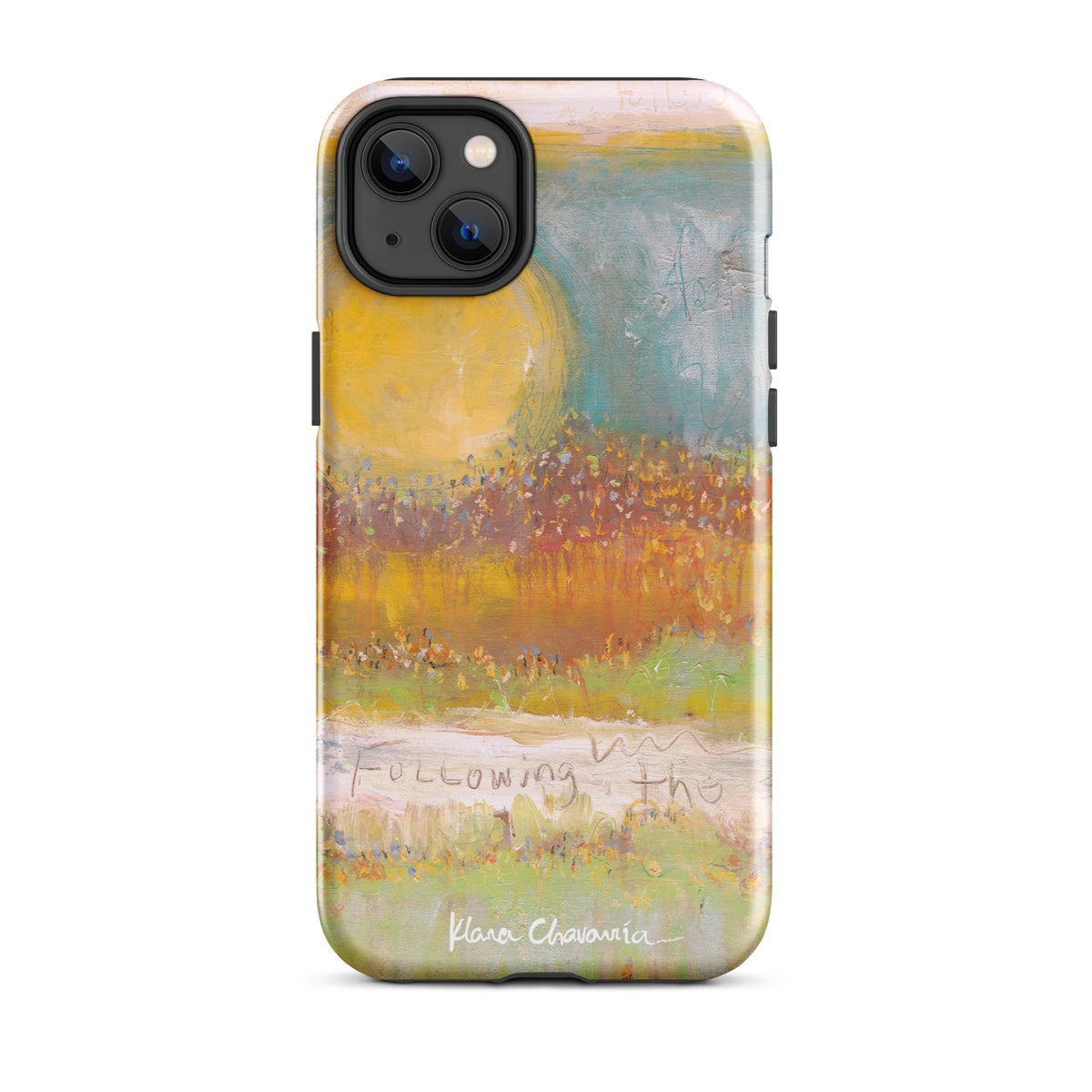 Glossy iPhone 14 Plus tough case with a painting of a yellow sun over orange fields and Following text