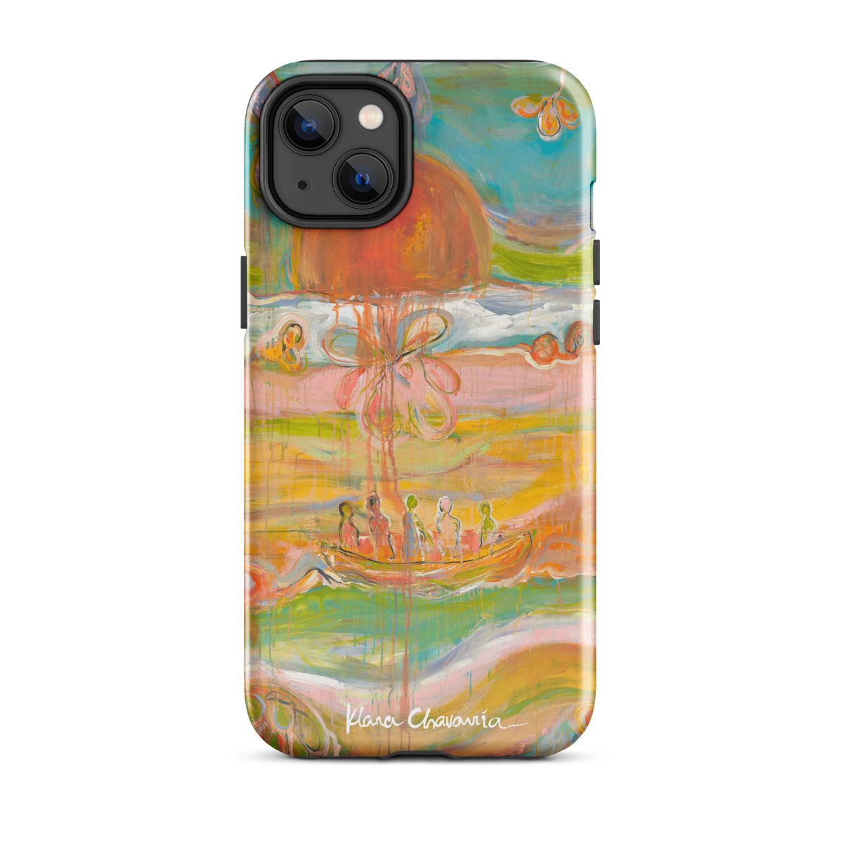 Glossy iPhone 14 Plus tough case with a painting of figures in a boat under an orange sun