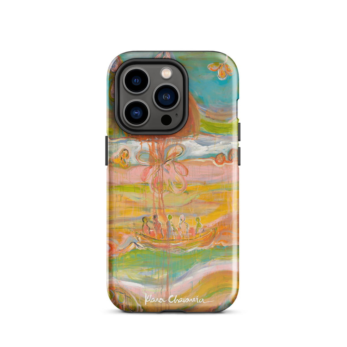 Glossy iPhone 14 Pro tough case with a painting of figures in a boat under an orange sun