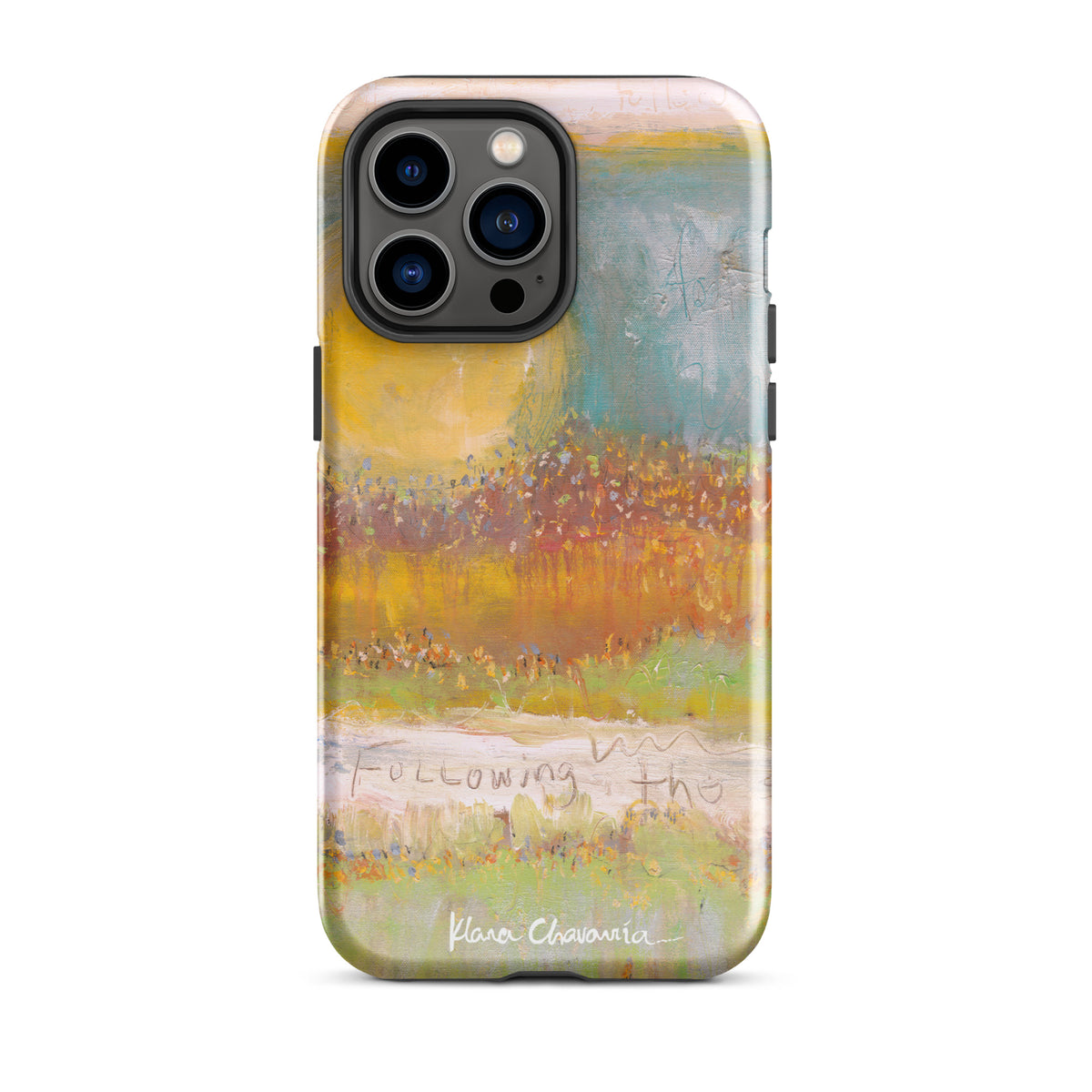 Glossy iPhone 14 Pro Max tough case with a painting of a yellow sun over orange fields and Following text