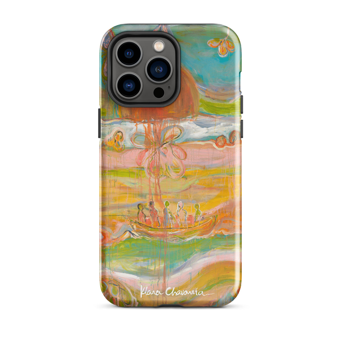 Glossy iPhone 14 Pro Max tough case with a painting of figures in a boat under an orange sun
