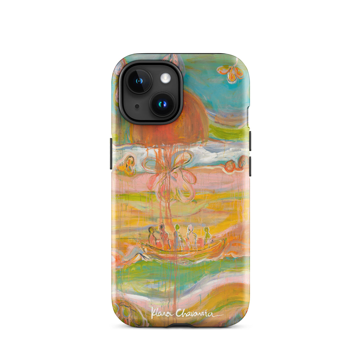 Glossy iPhone 15 tough case with a painting of figures in a boat under an orange sun