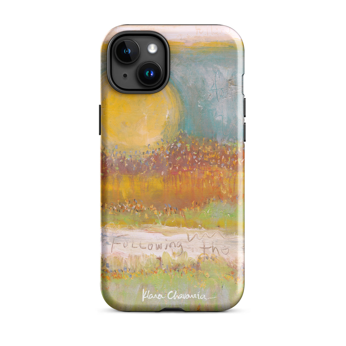 Glossy iPhone 15 Plus tough case with a painting of a yellow sun over orange fields and Following text