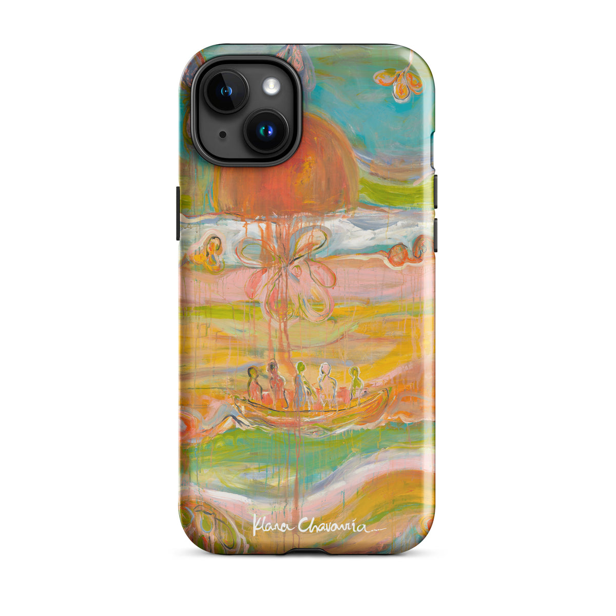 Glossy iPhone 15 Plus tough case with a painting of figures in a boat under an orange sun