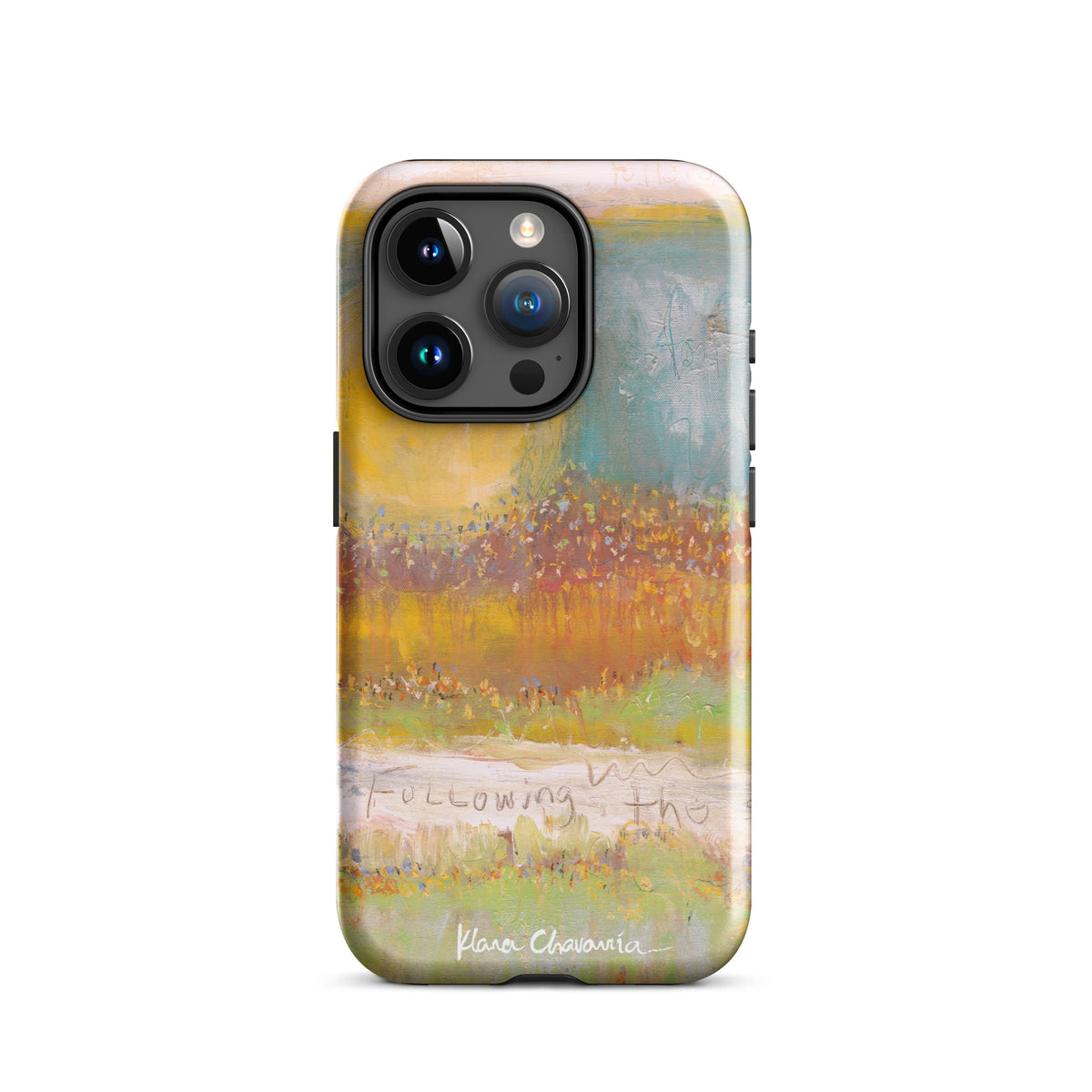 Glossy iPhone 15 Pro tough case with a painting of a yellow sun over orange fields and Following text