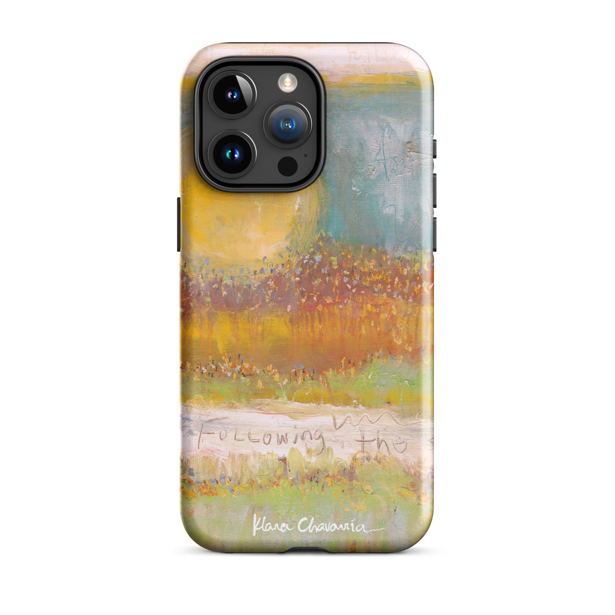 Glossy iPhone 15 Pro Max tough case with a painting of a yellow sun over orange fields and Following text