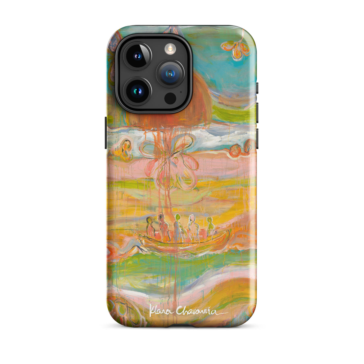 Glossy iPhone 15 Pro Max tough case with a painting of figures in a boat under an orange sun