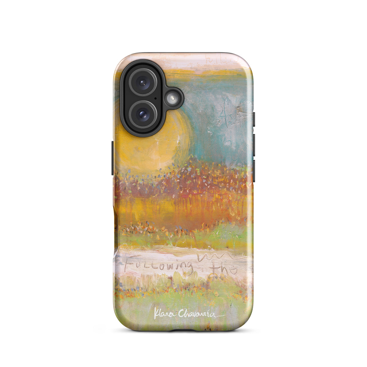 Glossy iPhone 16 tough case with a painting of a yellow sun over orange fields and Following text