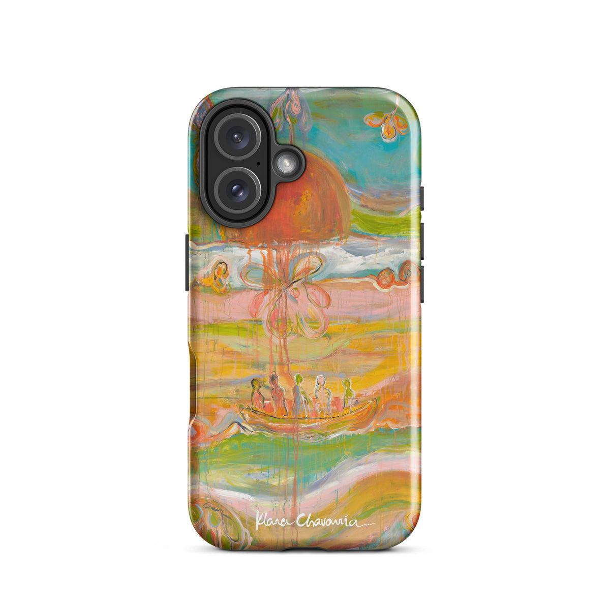 Glossy iPhone 16 tough case with a painting of figures in a boat under an orange sun