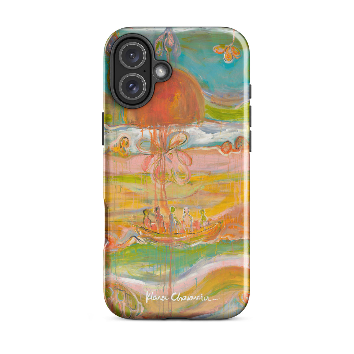 Glossy iPhone 16 Plus tough case with a painting of figures in a boat under an orange sun