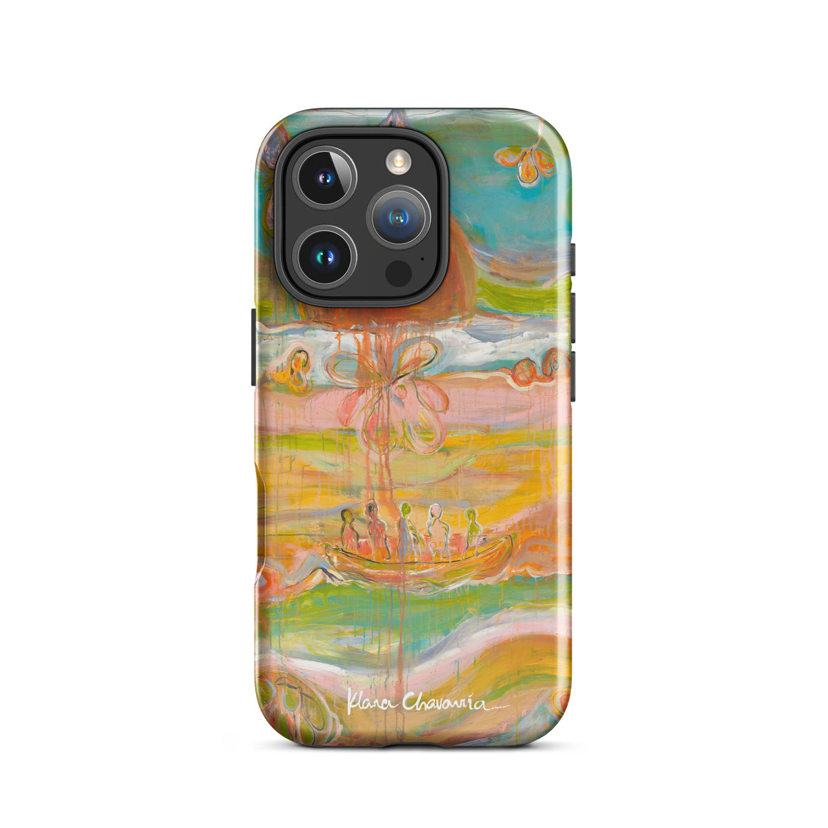 Glossy iPhone 16 Pro tough case with a painting of figures in a boat under an orange sun