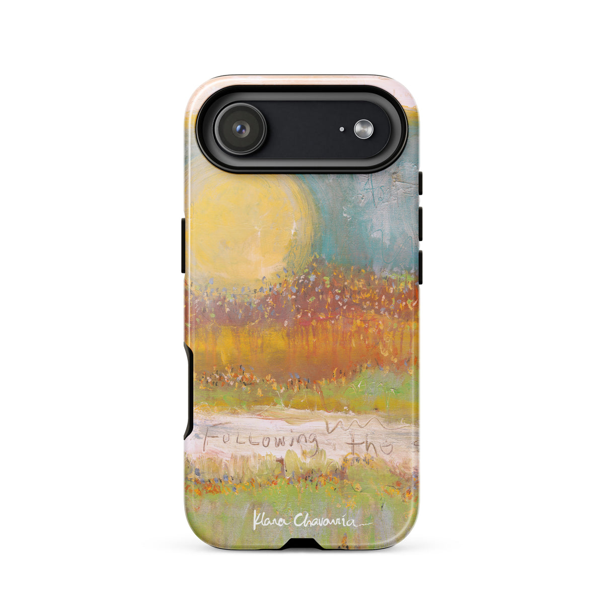 Glossy iPhone 17 Air tough case with a painting of a yellow sun over orange fields and Following text