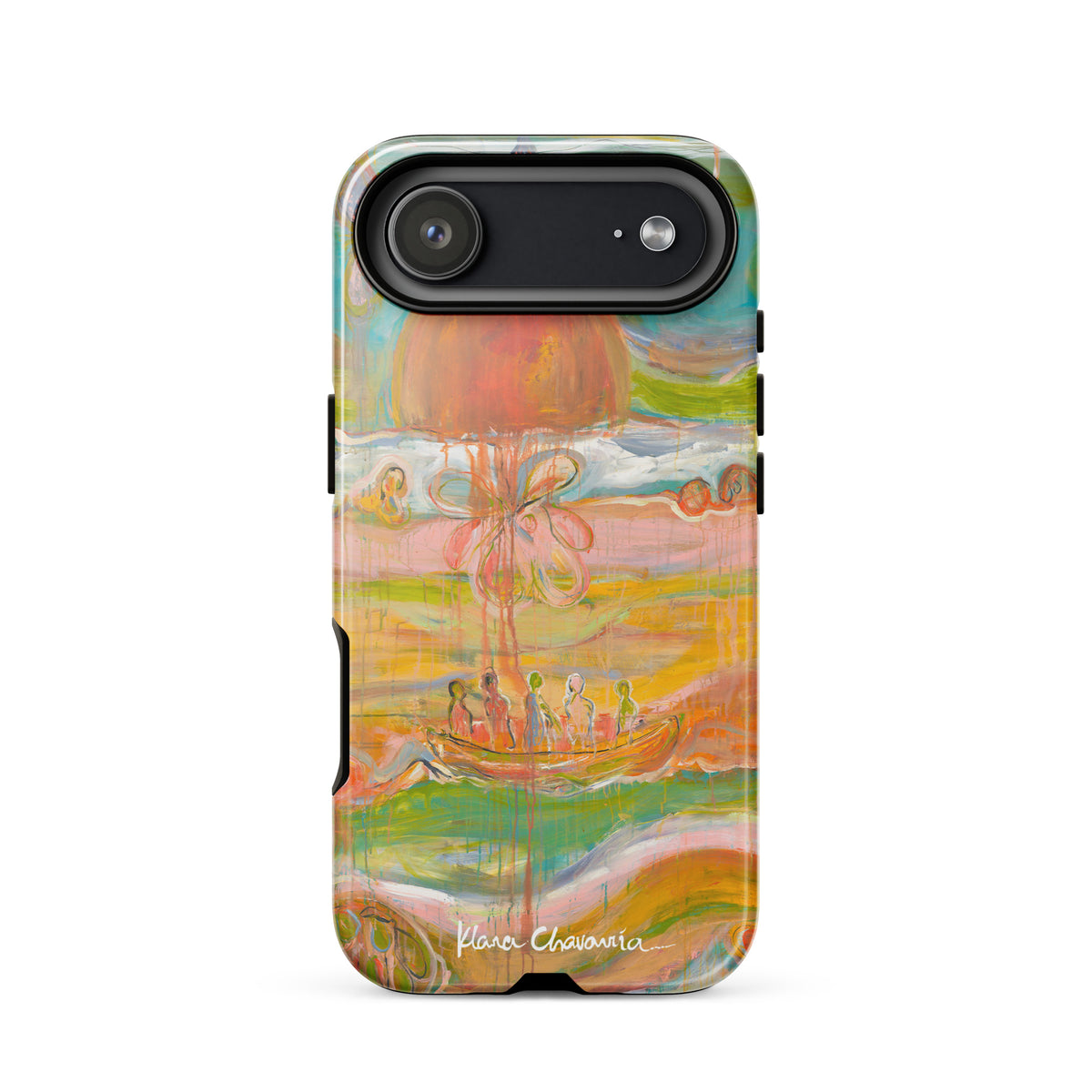 Glossy iPhone 17 Air tough case with a painting of figures in a boat under an orange sun