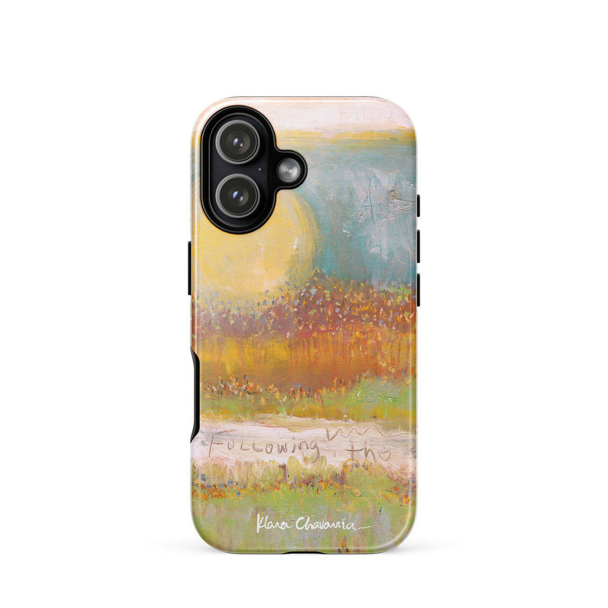 Glossy iPhone 17 tough case with a painting of a yellow sun over orange fields and Following text