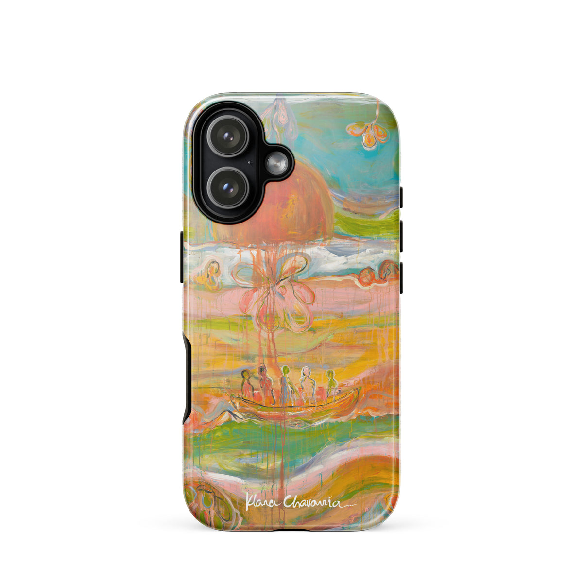 Glossy iPhone 17 tough case with a painting of figures in a boat under an orange sun