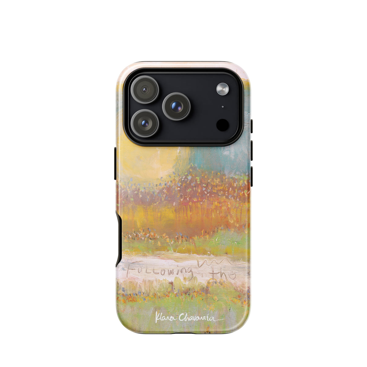 Glossy iPhone 17 Pro tough case with a painting of a yellow sun over orange fields and Following text