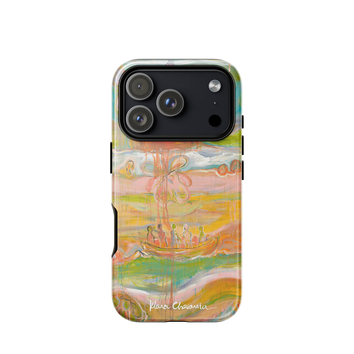 Glossy iPhone 17 Pro tough case with a painting of figures in a boat under an orange sun