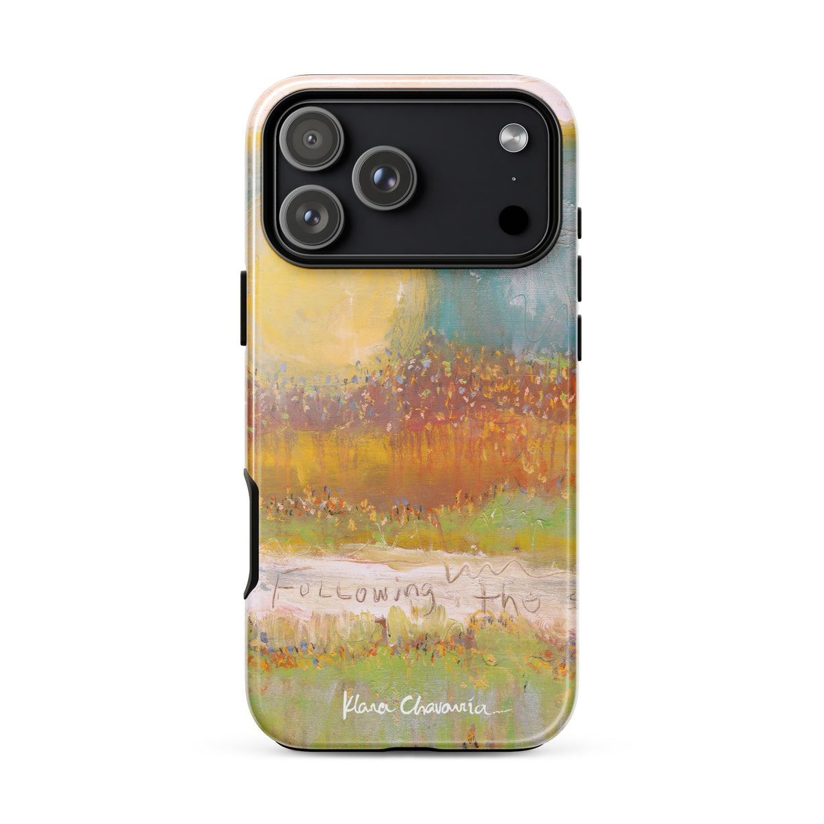 Glossy iPhone 17 Pro Max tough case with a painting of a yellow sun over orange fields and Following text