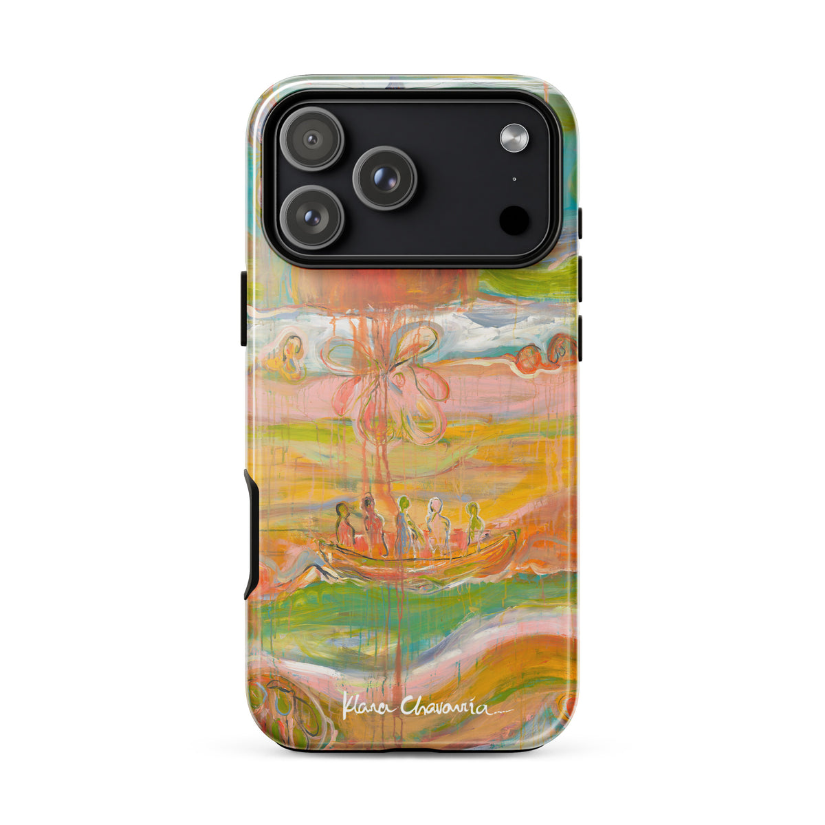 Glossy iPhone 17 Pro Max tough case with a painting of figures in a boat under an orange sun