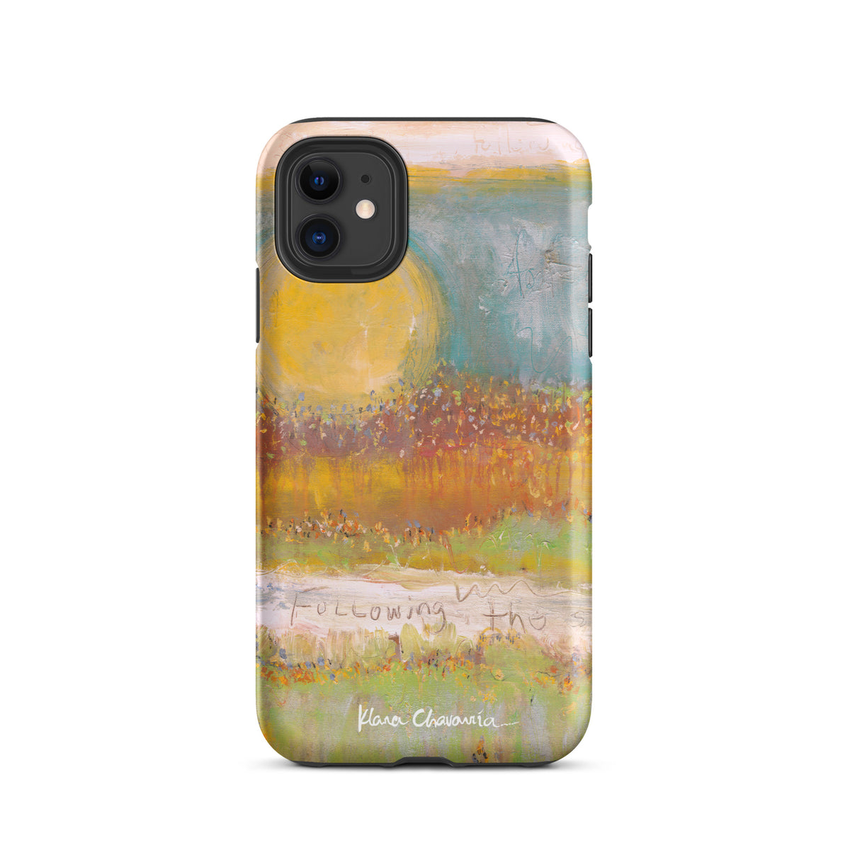 Matte iPhone 11 tough case with a painting of a yellow sun over orange fields and Following text