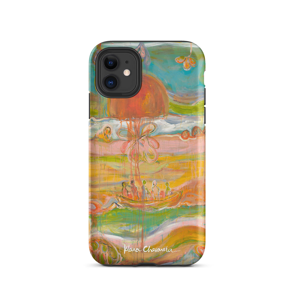 Matte iPhone 11 tough case with a painting of figures in a boat under an orange sun