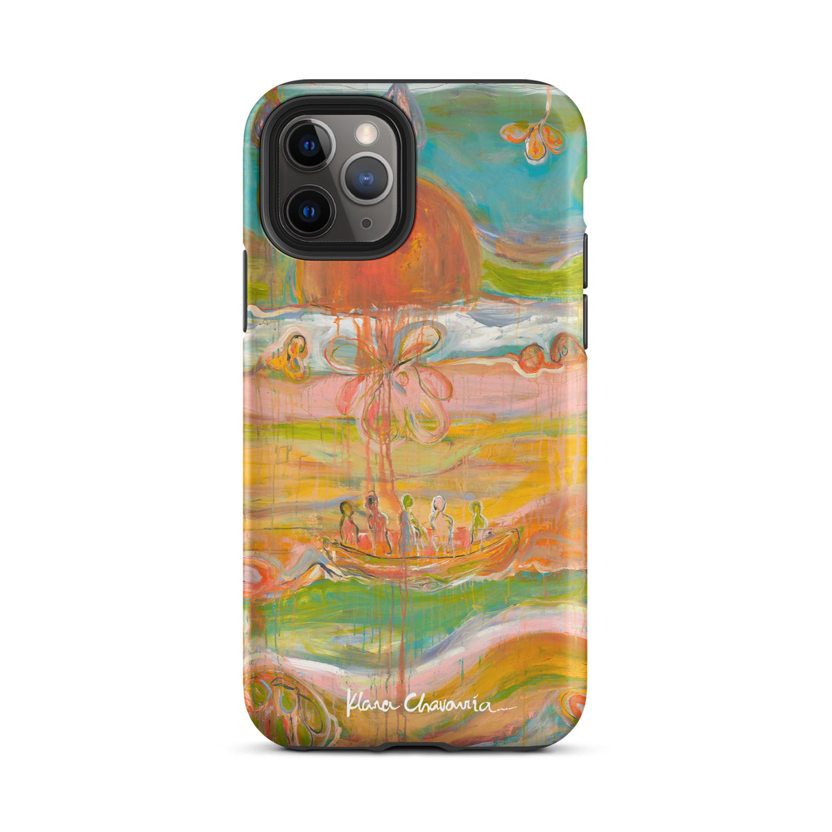 Matte iPhone 11 Pro tough case with a painting of figures in a boat under an orange sun
