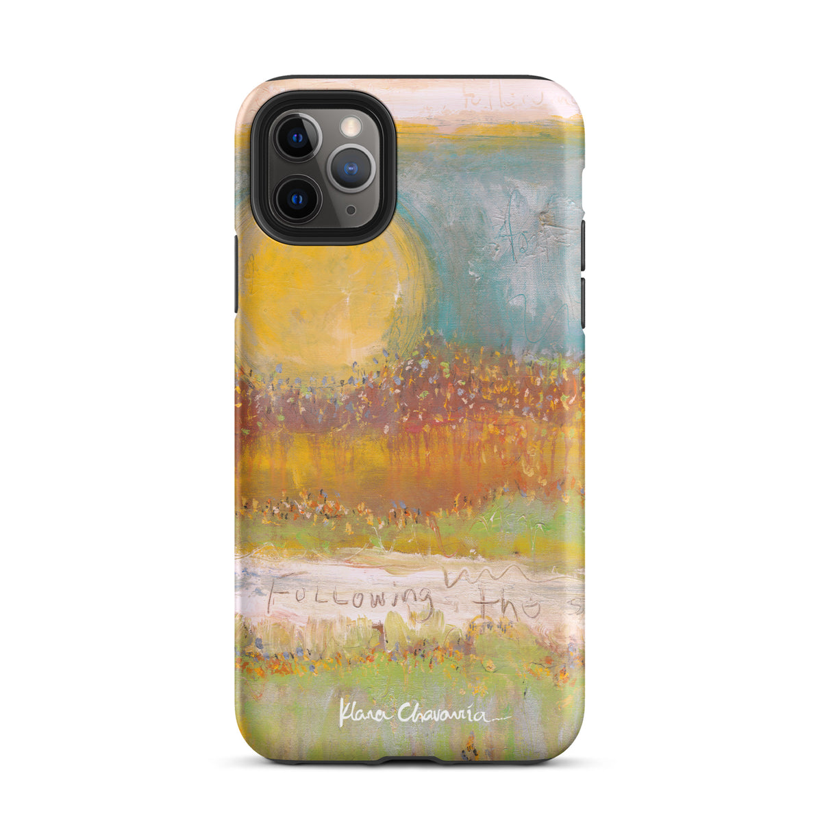 Matte iPhone 11 Pro Max tough case with a painting of a yellow sun over orange fields and Following text