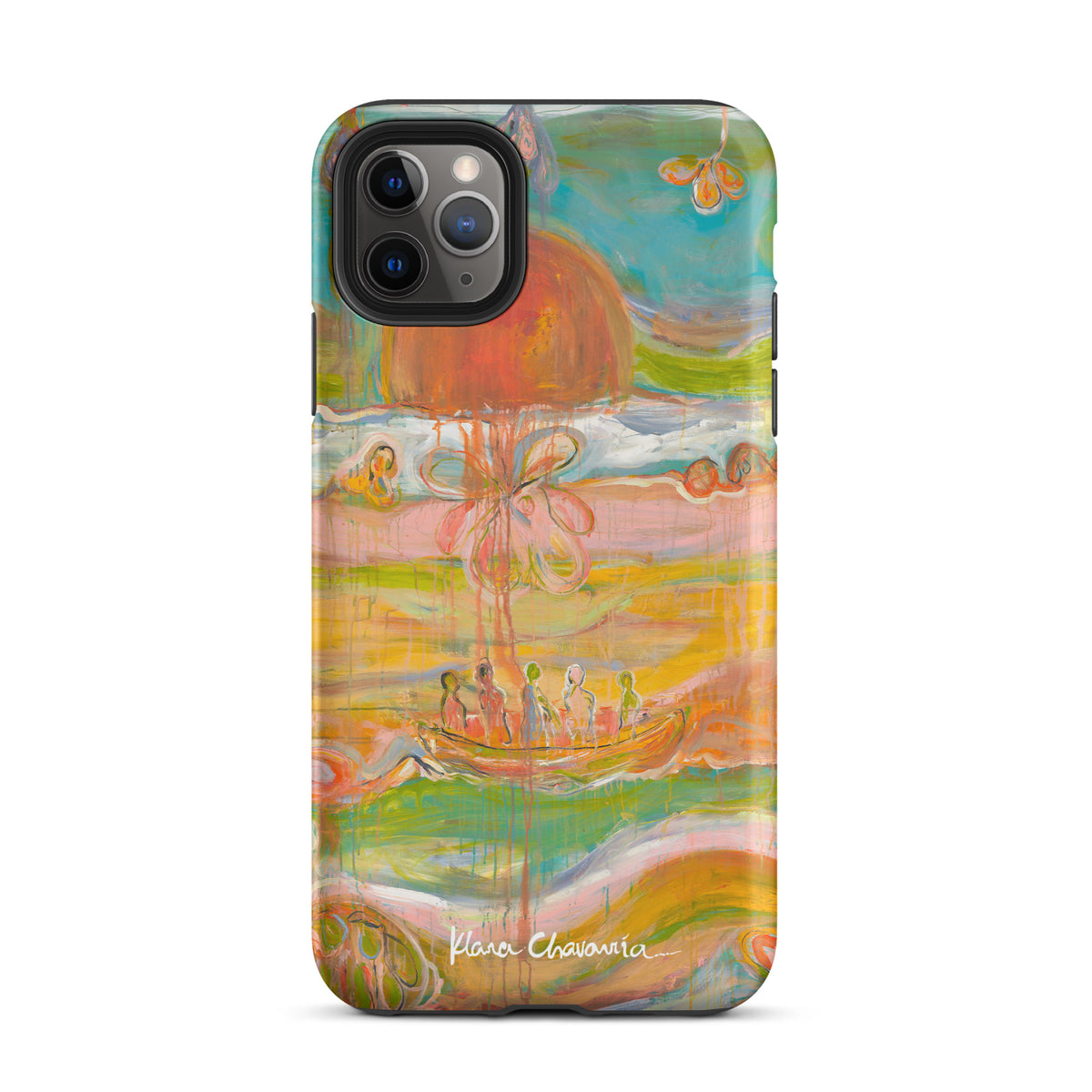 Matte iPhone 11 Pro Max tough case with a painting of figures in a boat under an orange sun