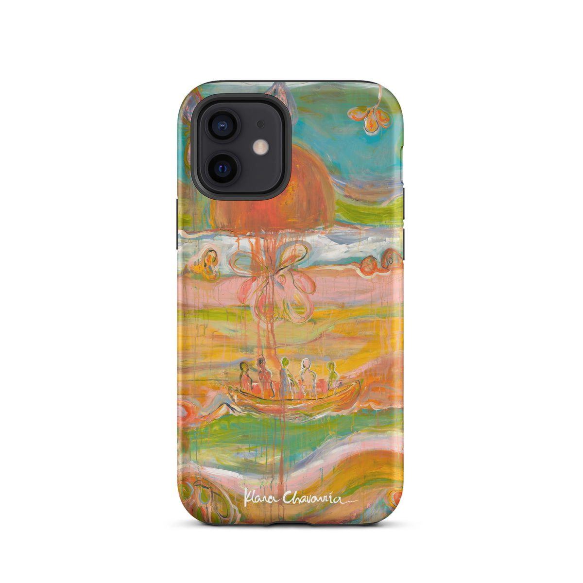 Matte iPhone 12 tough case with a painting of figures in a boat under an orange sun