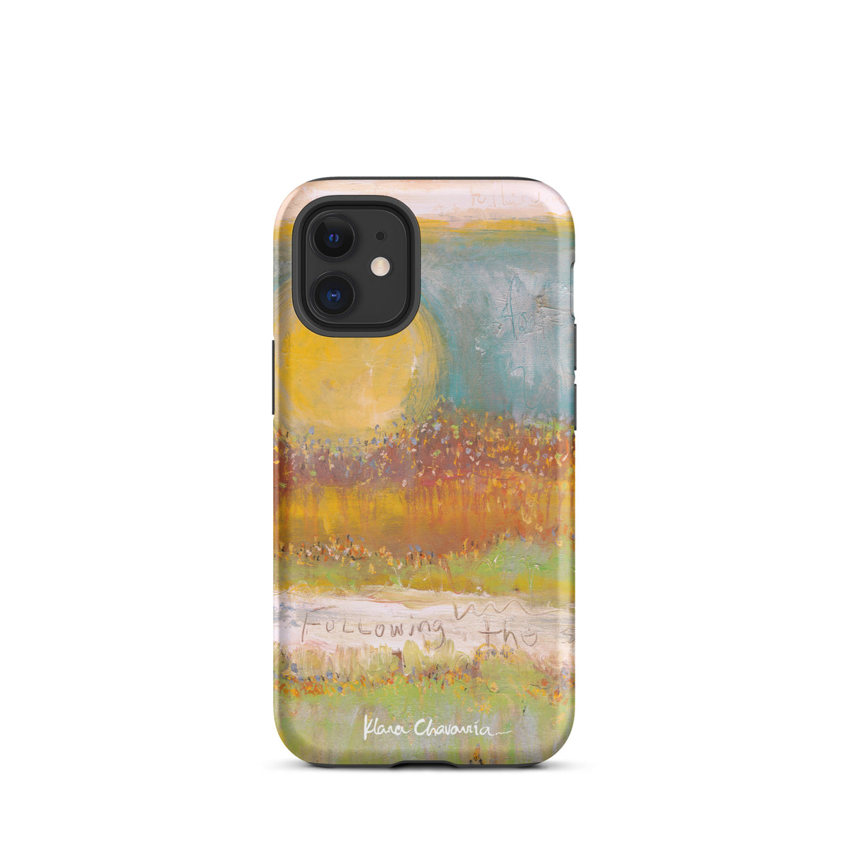 Matte iPhone 12 mini tough case with a painting of a yellow sun over orange fields and Following text