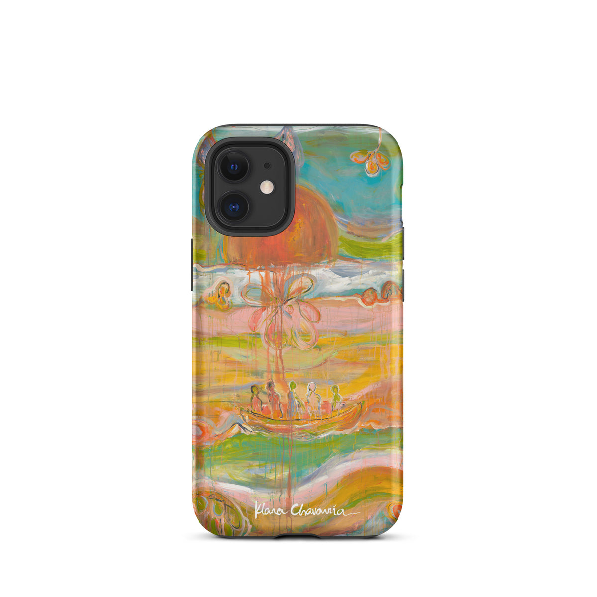 Matte iPhone 12 mini tough case with a painting of figures in a boat under an orange sun