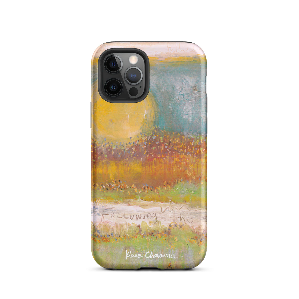 Matte iPhone 12 Pro tough case with a painting of a yellow sun over orange fields and Following text
