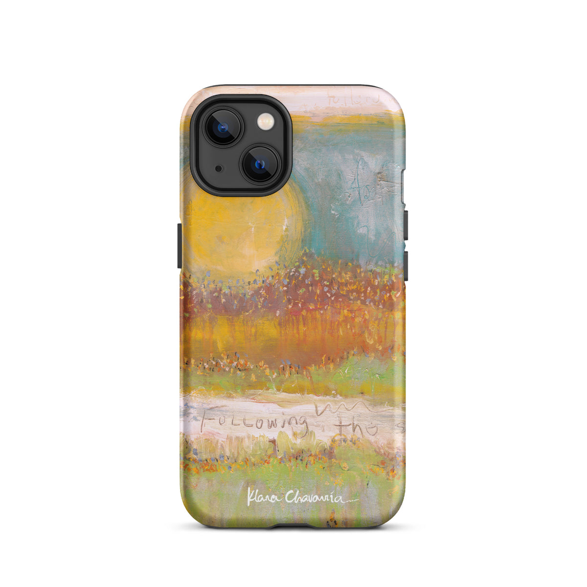 Matte iPhone 13 tough case with a painting of a yellow sun over orange fields and Following text