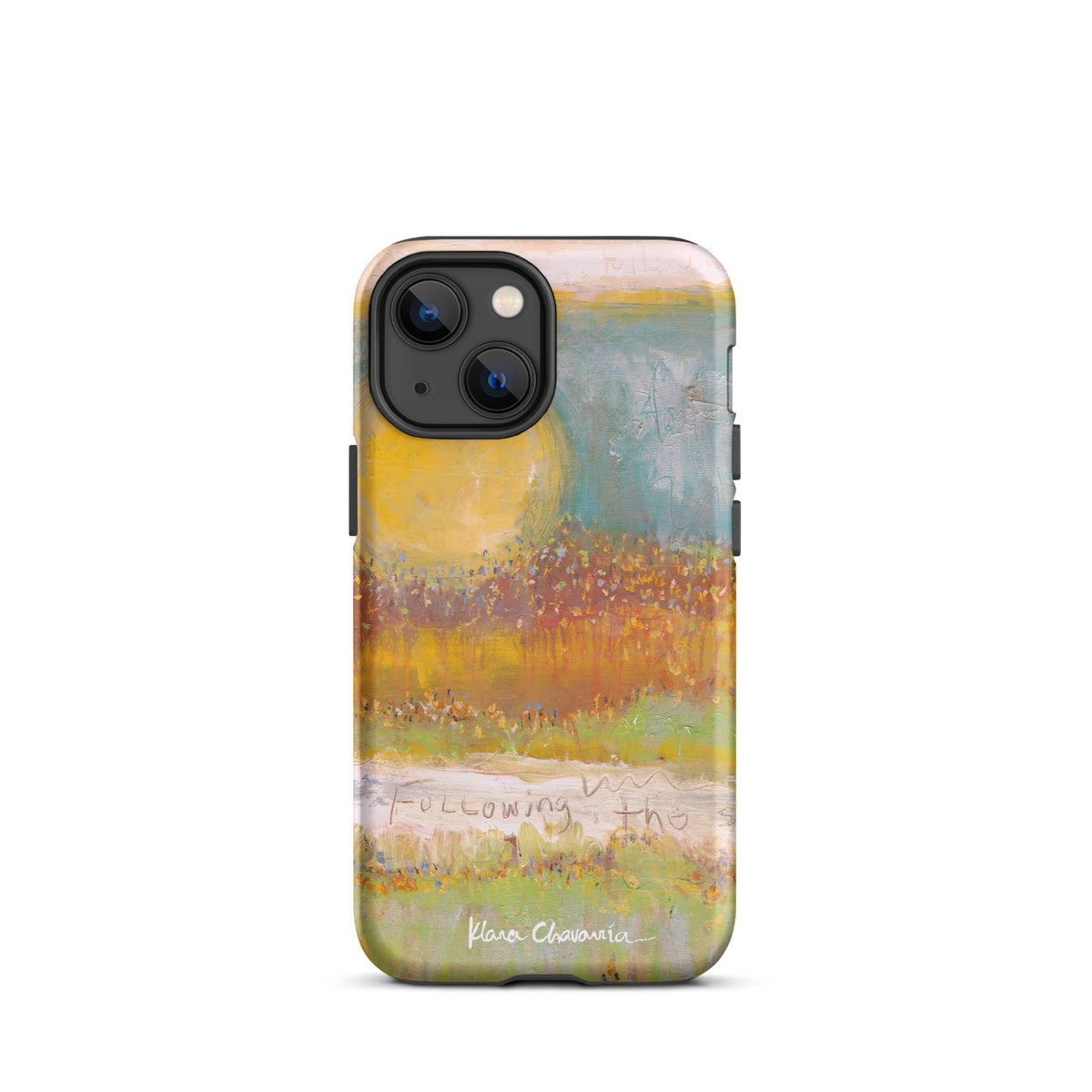 Matte iPhone 13 mini tough case with a painting of a yellow sun over orange fields and Following text