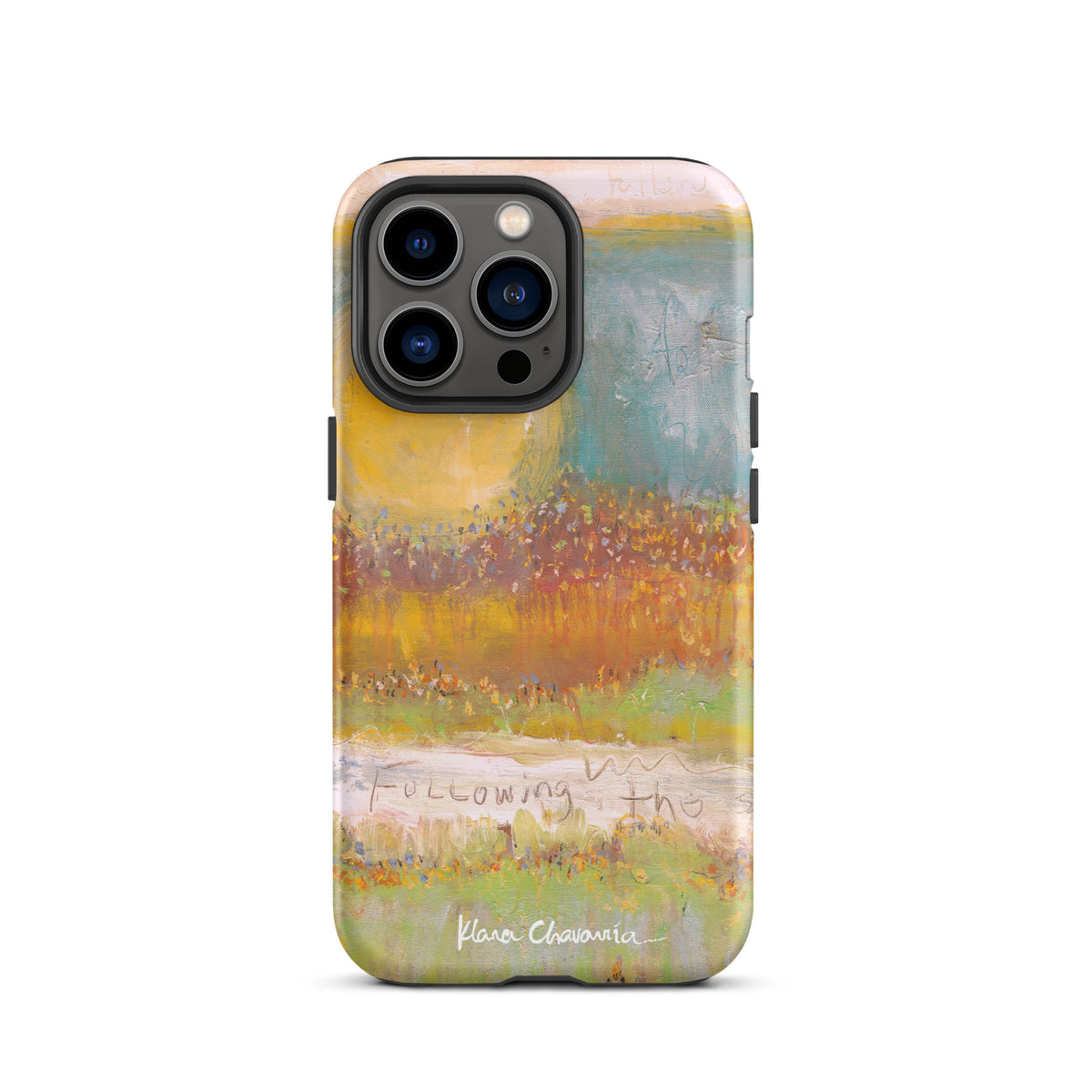 Matte iPhone 13 Pro tough case with a painting of a yellow sun over orange fields and Following text