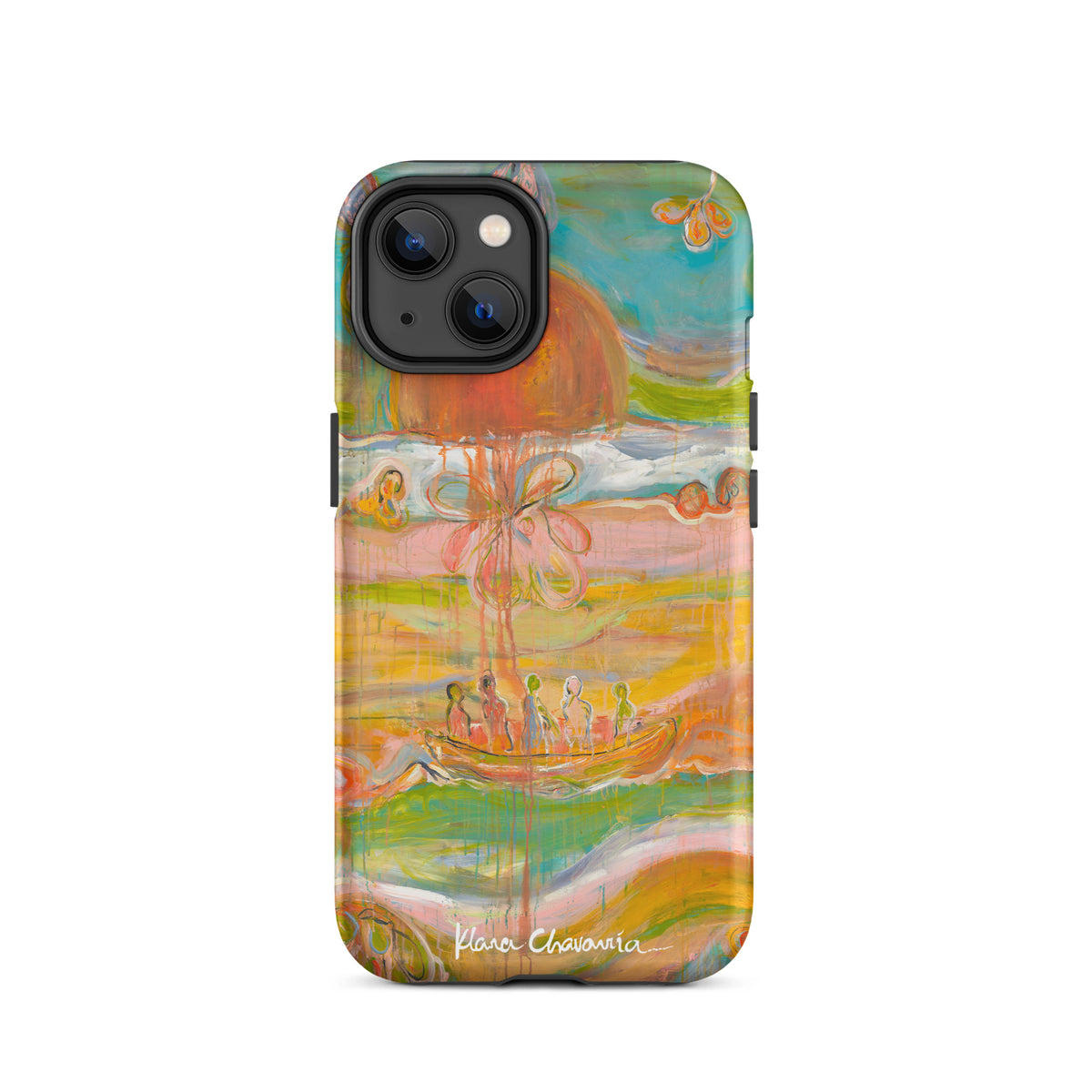 Matte iPhone 14 tough case with a painting of figures in a boat under an orange sun