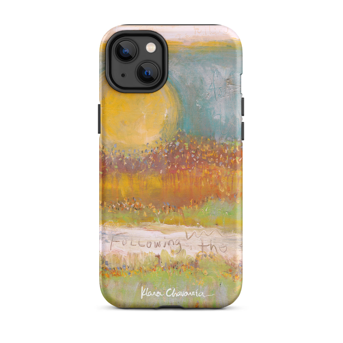 Matte iPhone 14 Plus tough case with a painting of a yellow sun over orange fields and Following text