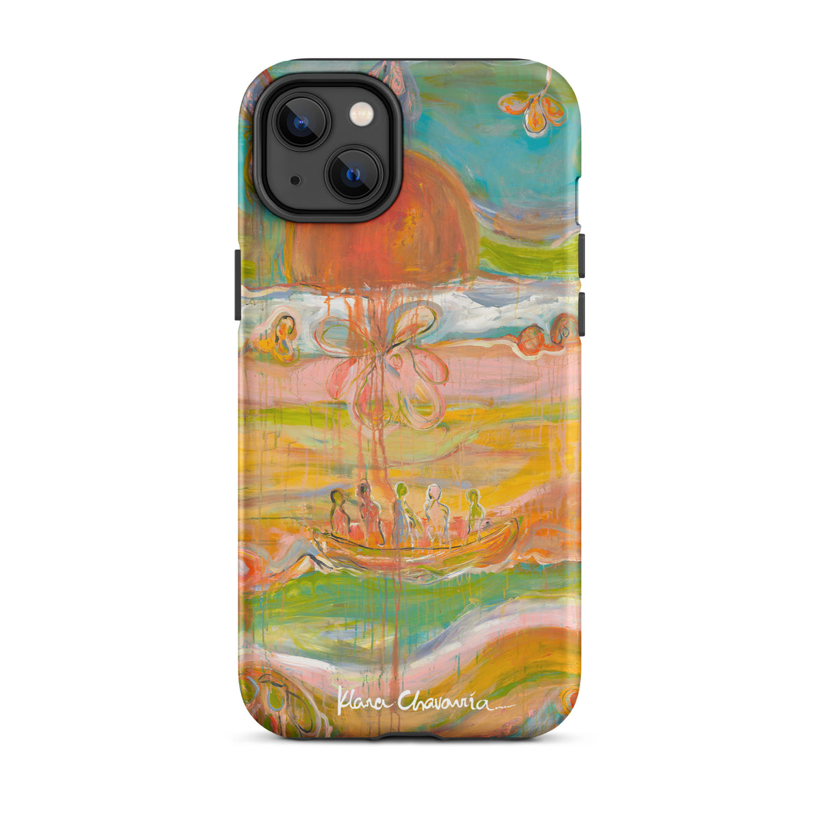 Matte iPhone 14 Plus tough case with a painting of figures in a boat under an orange sun