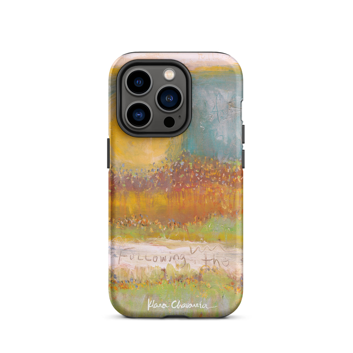 Matte iPhone 14 Pro tough case with a painting of a yellow sun over orange fields and Following text