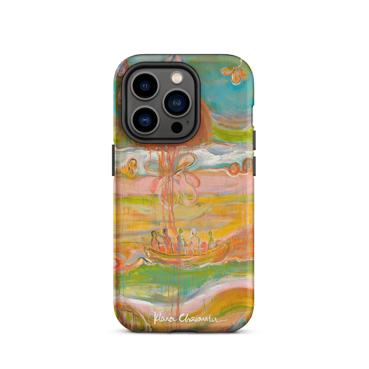 Matte iPhone 14 Pro tough case with a painting of figures in a boat under an orange sun