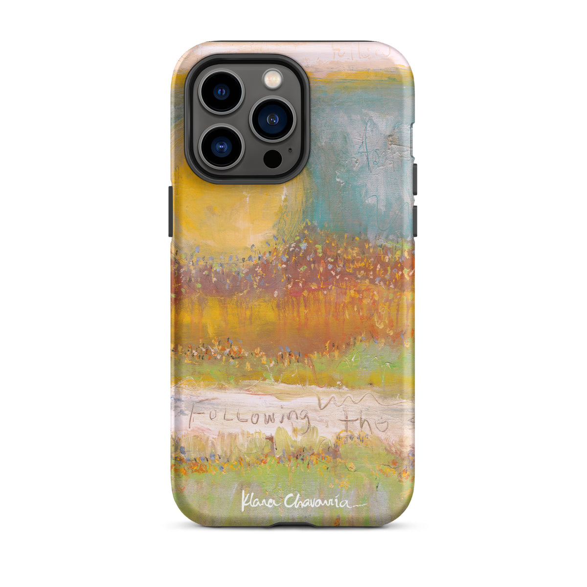 Matte iPhone 14 Pro Max tough case with a painting of a yellow sun over orange fields and Following text