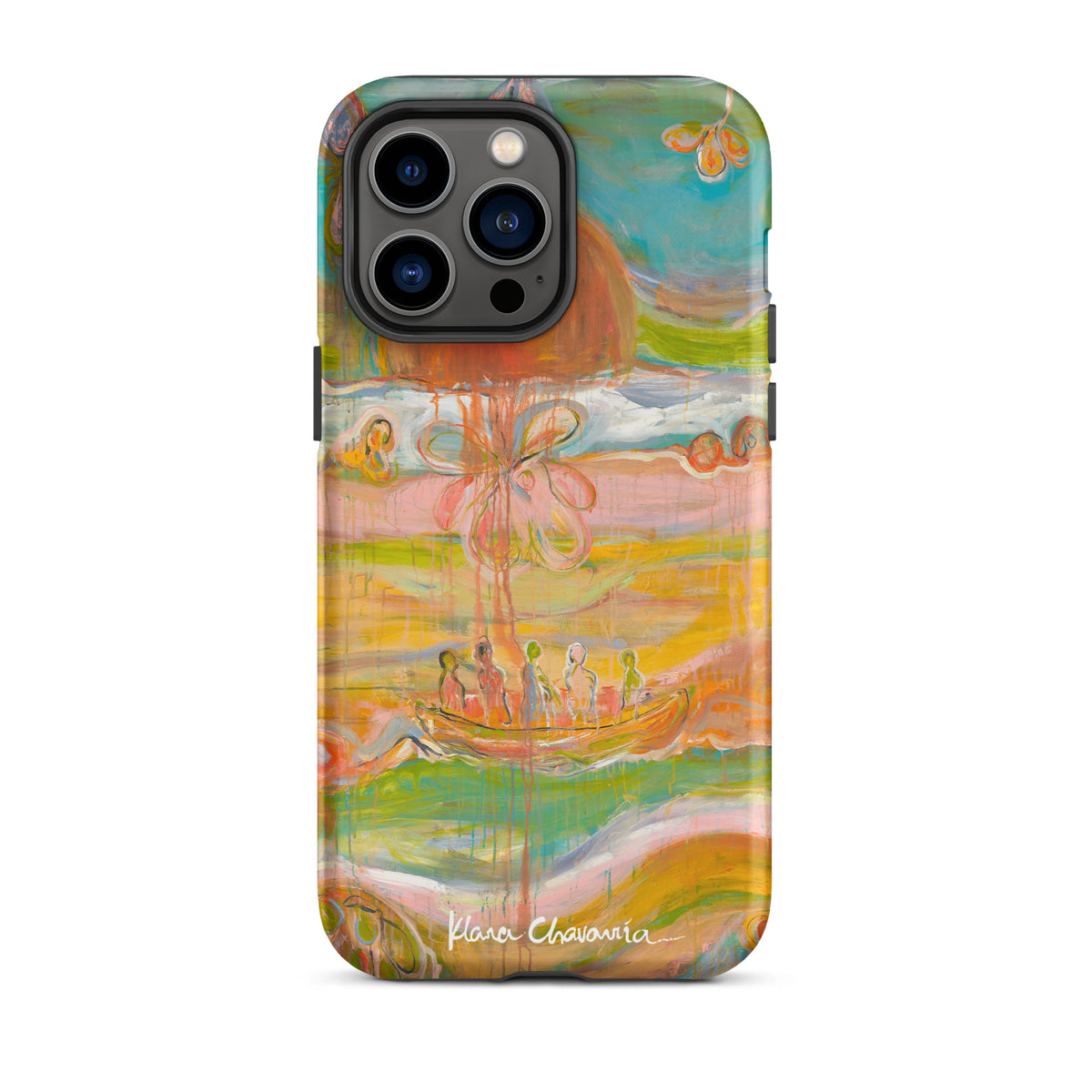 Matte iPhone 14 Pro Max tough case with a painting of figures in a boat under an orange sun