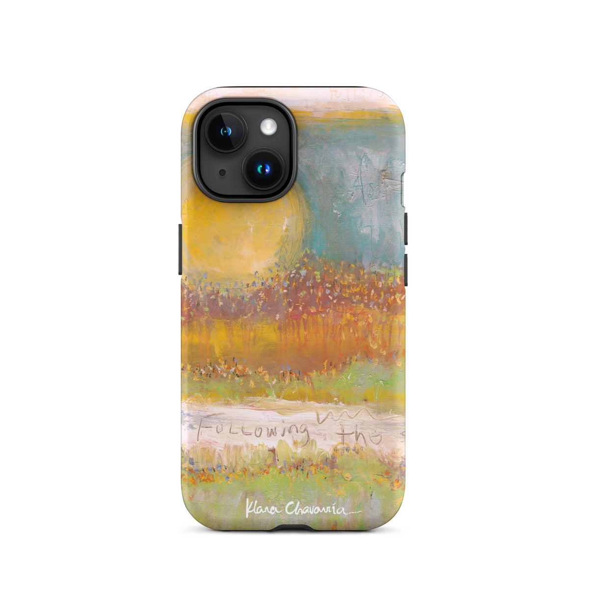 Matte iPhone 15 tough case with a painting of a yellow sun over orange fields and Following text