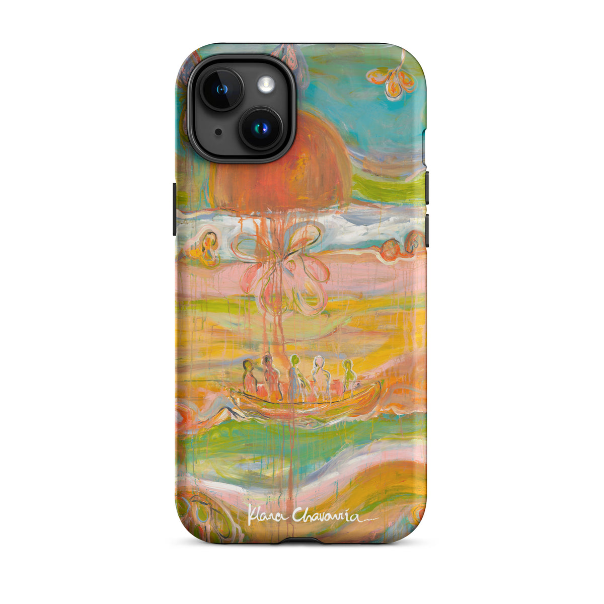 Matte iPhone 15 Plus tough case with a painting of figures in a boat under an orange sun