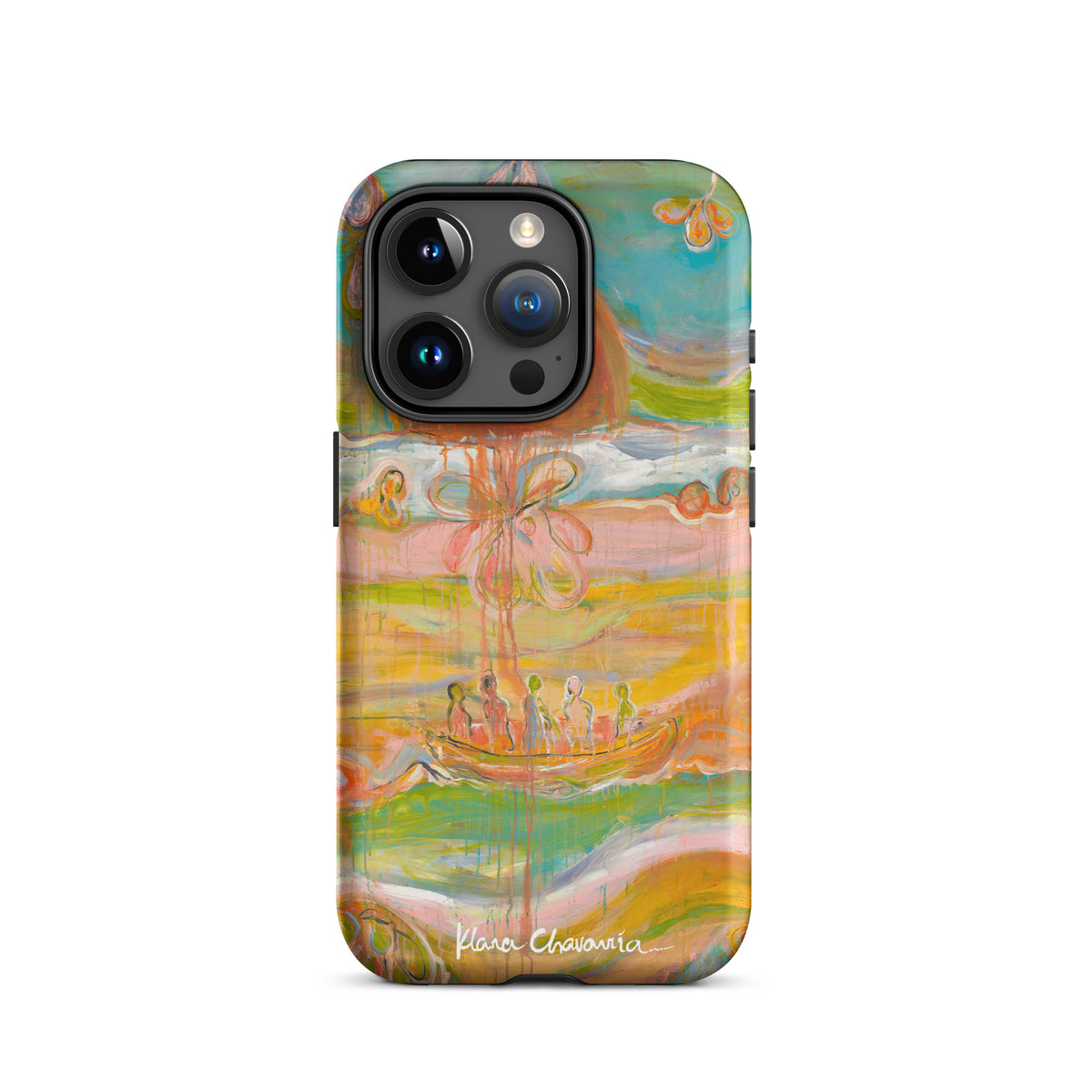 Matte iPhone 15 Pro tough case with a painting of figures in a boat under an orange sun