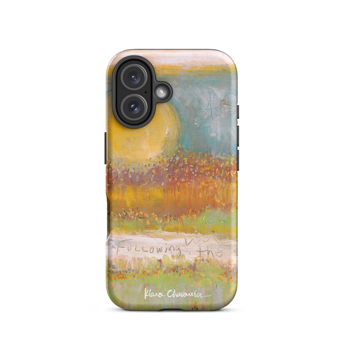 Matte iPhone 16 tough case with a painting of a yellow sun over orange fields and Following text