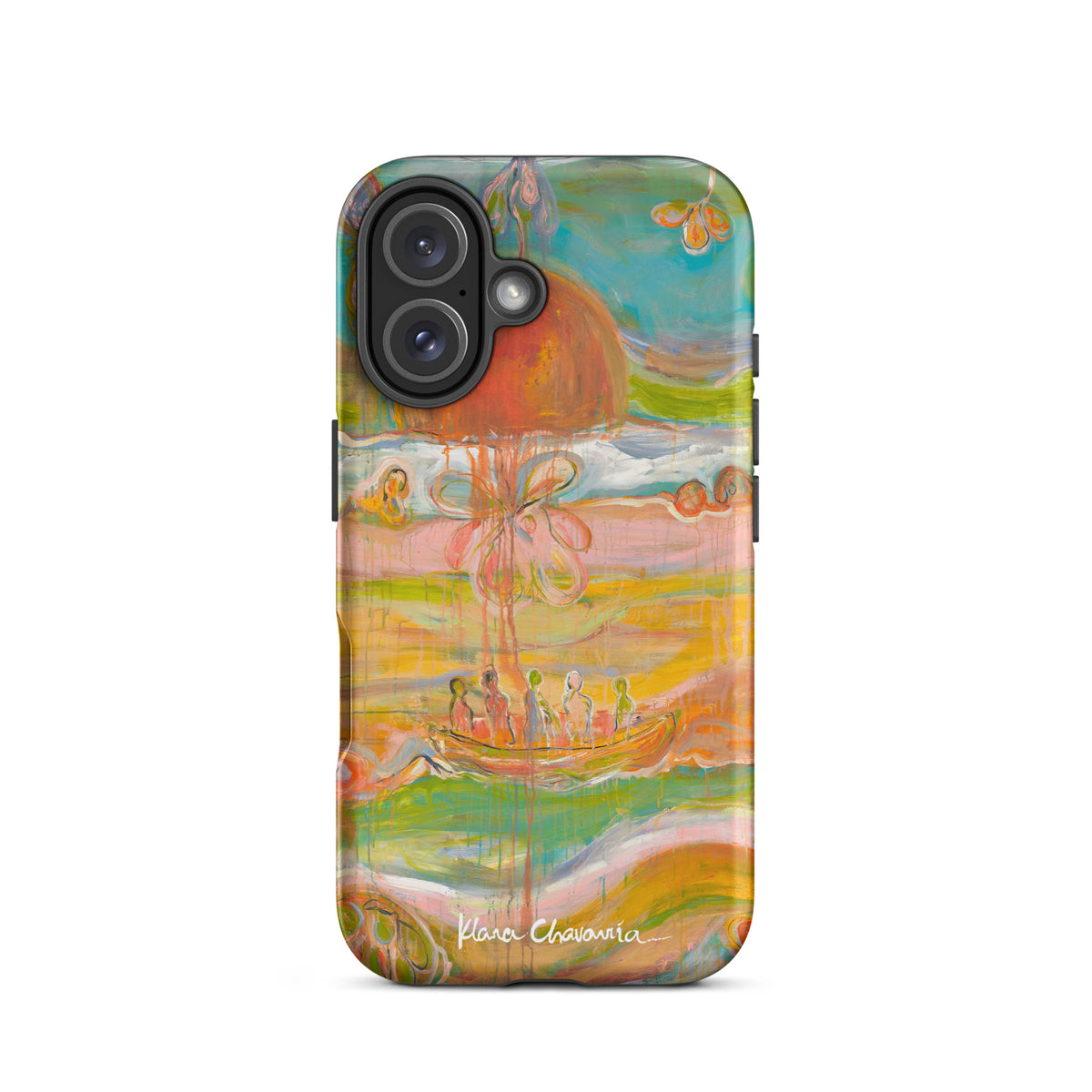 Matte iPhone 16 tough case with a painting of figures in a boat under an orange sun