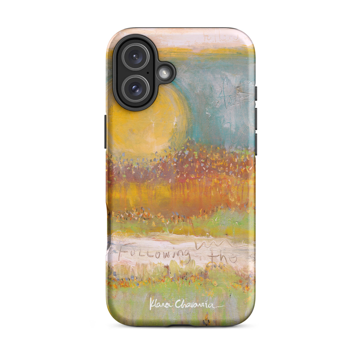 Matte iPhone 16 Plus tough case with a painting of a yellow sun over orange fields and Following text